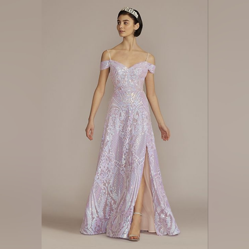 Jules & Cleo Irridescent Sequin Alinr Off Shoulder Formal Prom Gown